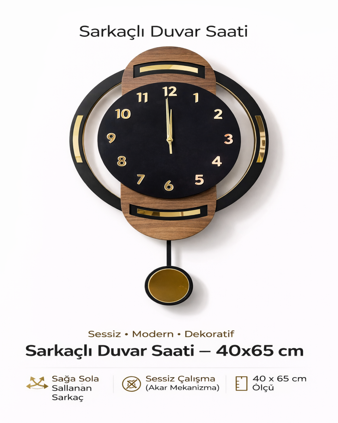 Modern Sarkaçlı Duvar Saati 40x65 cm – Sessiz Mekanizmalı Ahşap Desenli Dekoratif Duvar Saati