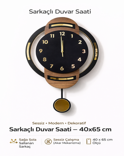 Modern Sarkaçlı Duvar Saati 40x65 cm – Sessiz Mekanizmalı Ahşap Desenli Dekoratif Duvar Saati