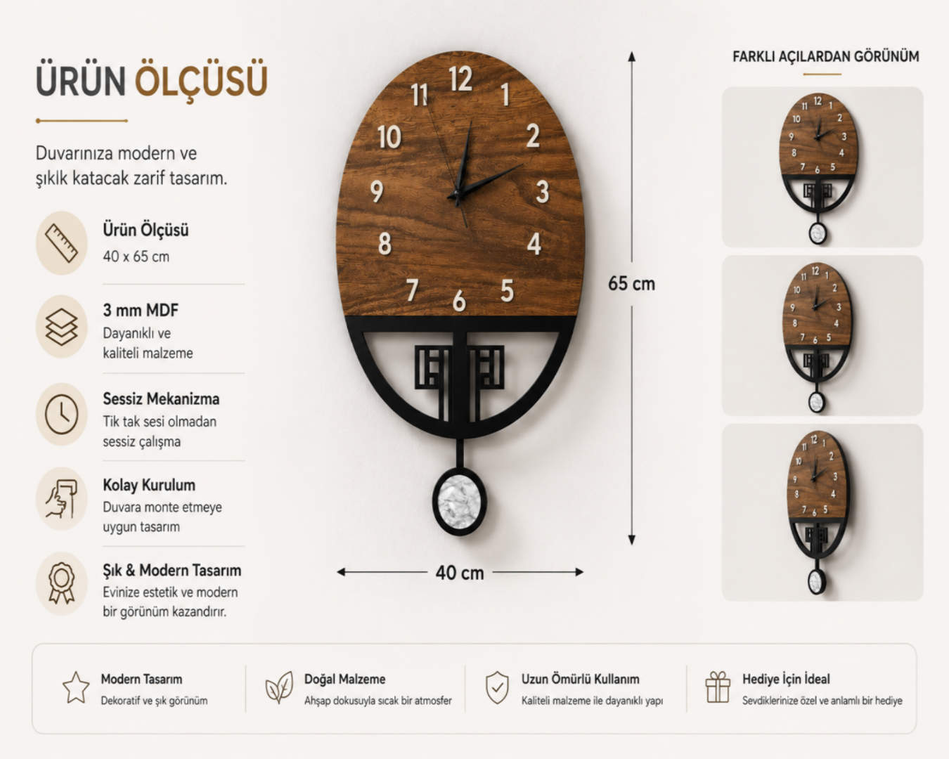 Doğal Ahşap Görünümlü Sessiz Duvar Saati – Modern Sarkaçlı Ev Dekor Saati 40x65 CM